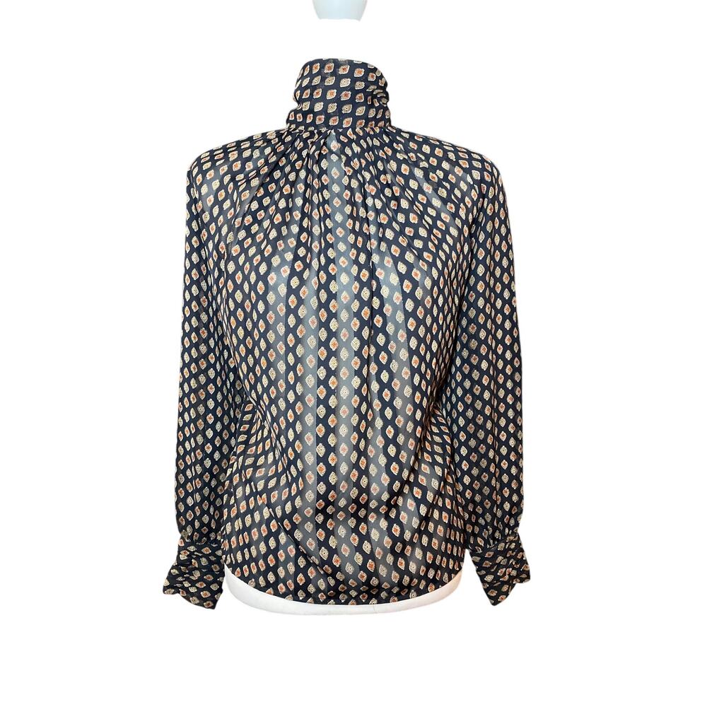 Vintage Tess Paris Milano High Neck Semi Sheer Blouse Size 8 Geometric Boho 70s